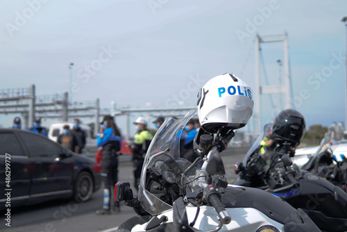 Bosphorus bridge Police Motorcyle at park and police check point 2021