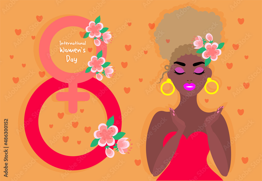 Beautiful afro spring girl in flat style, International Women's Day, Happy Women's Day greeting card