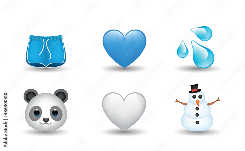 6 Emoticon isolated on White Background. Shorts, water drop, white and blue heart, panda, snowman vector emoji illustration. 3d Illustration set. 6 Emoticon isolated on White Background. Shorts, water drop, white and blue heart, panda, snowman vector emoji illustration. 3d Illustration set.
