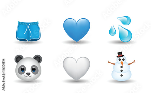 6 Emoticon isolated on White Background. Isolated Vector Illustration. Shorts, water drop, white and blue heart, panda, snowman vector emoji illustration. 3d Illustration set. photo