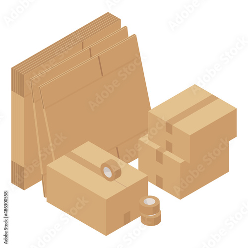 段ボールに荷物をつめているイラスト_引越し準備_アイソメトリック