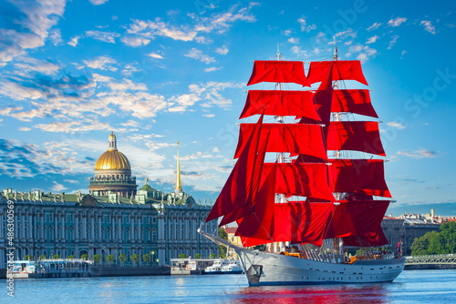 Saint Petersburg festival. Russia holiday. Scarlet Sails Festival. Scarlet sails Saint Petersburg. Beautiful sailboat in Neva river. Petersburg blue sky. Summer festival Russian city. Tourist Russia photo