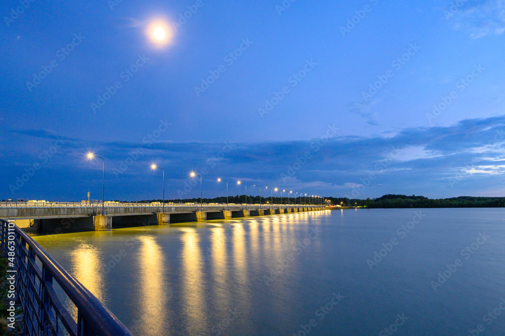 Fototapeta premium Cunovo hydroelectric plant in evening blue light