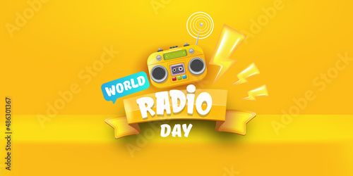 Vector World radio day horizontal banner with old cassette stereo player isolated on orange podium background. Cartoon funky hipster Radio day banner  label  sign  icon or poster with radio