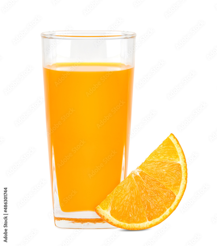 Glass of 100% Orange juice with pulp and sliced fruits isolated on white background. Glass of 100% Orange juice with pulp and sliced fruits isolated on white background.