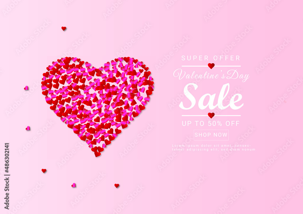 Happy valentines day super sale offer with pink background with realistic hearts premium vector