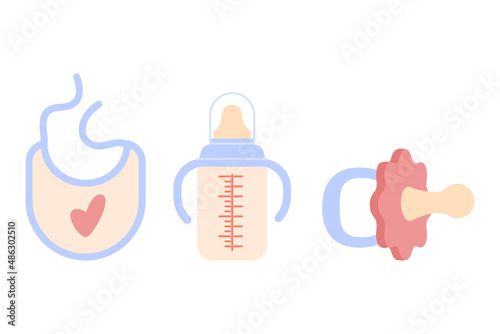 Set of of baby feeding supplies. Baby bib for feeding, Baby bottle with pacifier, Pacifier nipple for newborn baby. Milk, Nutrition for newborn. Newborn clothes for eating. Vector illustration
