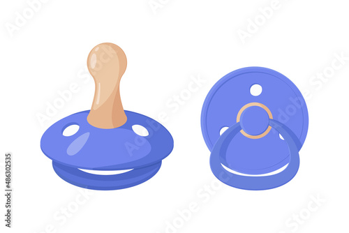 Bright purple Pacifier nipple for newborn baby. Side view, rear view. Child's toy for youngest. Care products for children. Childhood accessories. Vector illustration