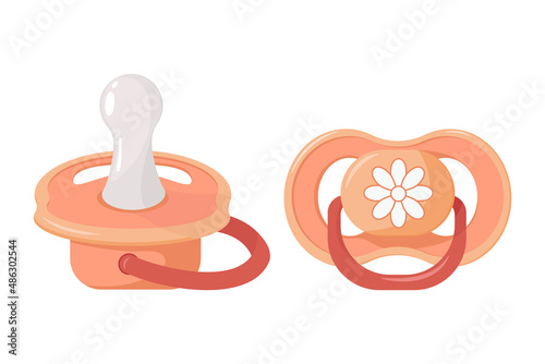 Orange Pacifier nipple with drawing for newborn baby. Child's toy for youngest. Care products for children. Childhood accessories. Side view, rear view. Vector illustration