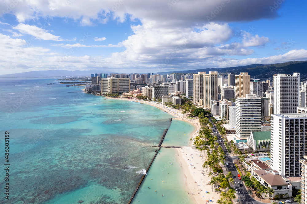 Aerial view of Waikiki Beach and its hotels and condominiums