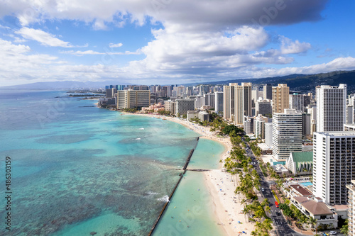 Aerial view of Waikiki Beach and its hotels and condominiums