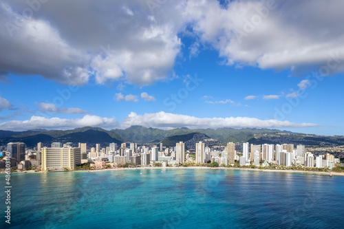 Aerial view of Waikiki and its hotels and condominiums and Diamond Head