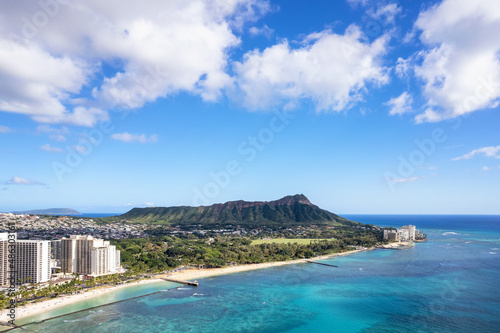 Aerial view of Waikiki beaches and its hotels and condominiums, Kapiolani Park and Diamond Head © Allen.G