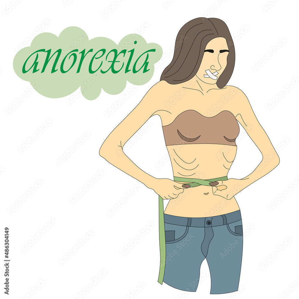 young woman suffering from anorexia. girl with anorexia nervosa measures her waist with ribbon. very thin brunette with the consequences of anorexia syndrome. Female disease bulimia. Vector eps 10.