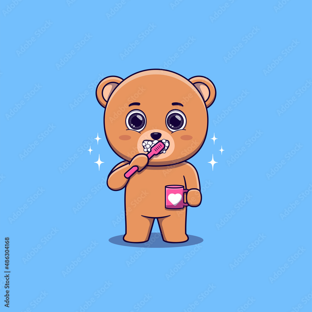Obraz premium Cute Bear brushing teeth while holding mug