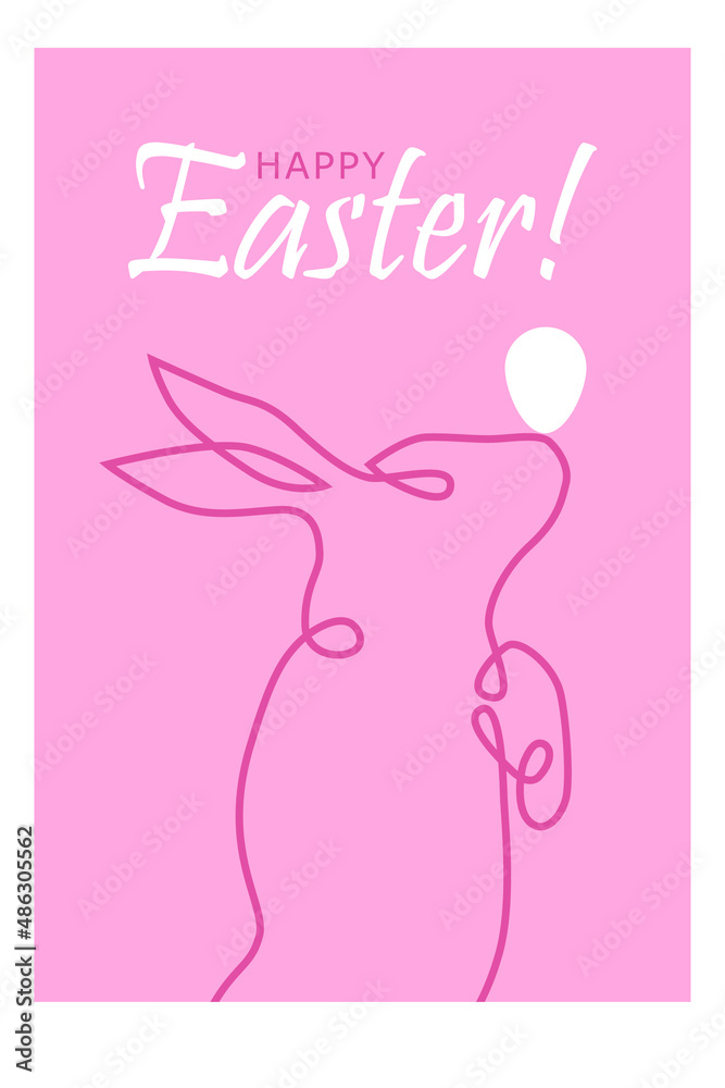 Easter bunny holding a white egg on his nose, Easter card