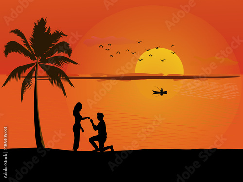 Silhouette of a man kneeling proposing to a woman on a sandy beach with sunset in the background.