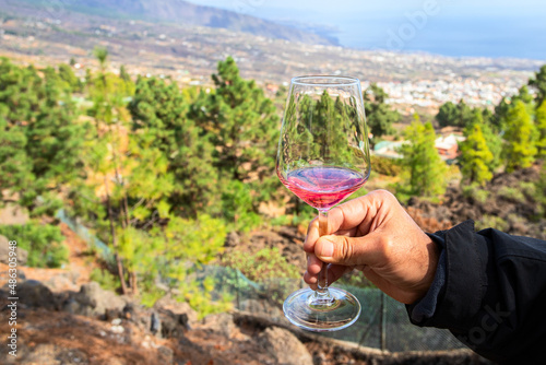 Male hand holding glass with rose wine against the forest pine trees. Exotic Hight altitude wine tasting experience.Large image for banner.