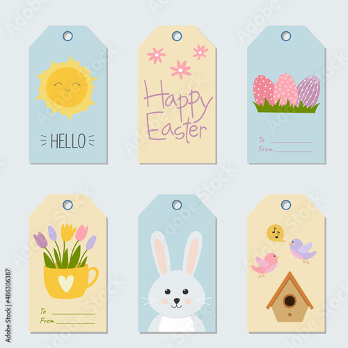 Set of Easter gift tags and labels with cute cartoon characters and lettering. Doodle flat style 