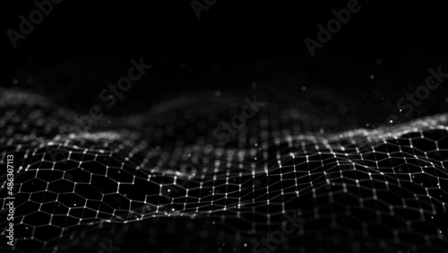 Futuristic hexagon wave. Dark cyberspace. Abstract wave with dots and line. White moving particles on background. 3d rendering. © Flow 37