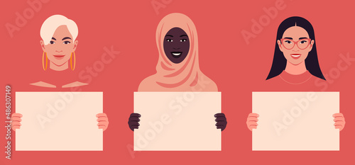 Young women are holding empty posters in their hands. Feminism and women's rights. Diversity. Portrait of a protesting students on a red background. Vector illustration in a flat style
