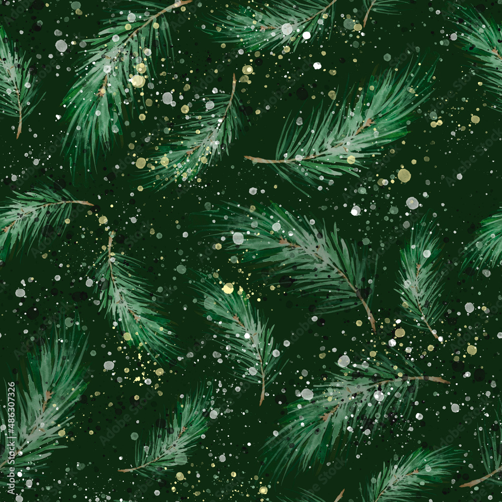 Watercolor Vintage seamless pattern. With a picture - a branch of spruce, Pine, fir-tree and cedar. The pattern of pine branches. Use for various designs, materials, packaging, paper. 