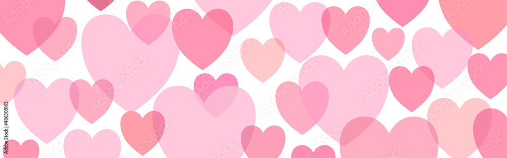 Many pink hearts floating on white background, flat design of pink heart for Valentines Day vector, flat design of big heart and tiny heart vector on white background, Pink and white web banner design