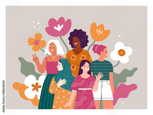 International Women's Day concept. Vector cartoon illustration of diverse smiling women of different nationalities, standing in front of abstract flowers. Isolated on background