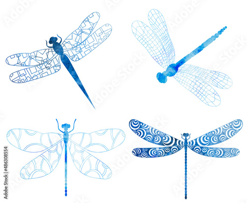 watercolor dragonfly silhouette ,on white background, vector