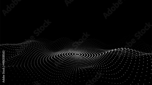 Futuristic wave. Vector dark cyberspace. Abstract music sound wave with dots. White moving particles on a black background.
