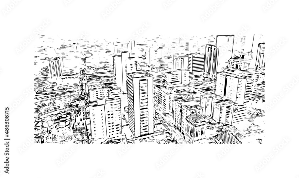 Obraz premium Building view with landmark of Medellín is the city in Colombia. Hand drawn sketch illustration in vector.