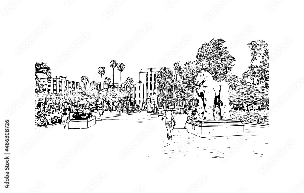 Building view with landmark of Medellín is the
city in Colombia. Hand drawn sketch illustration in vector.