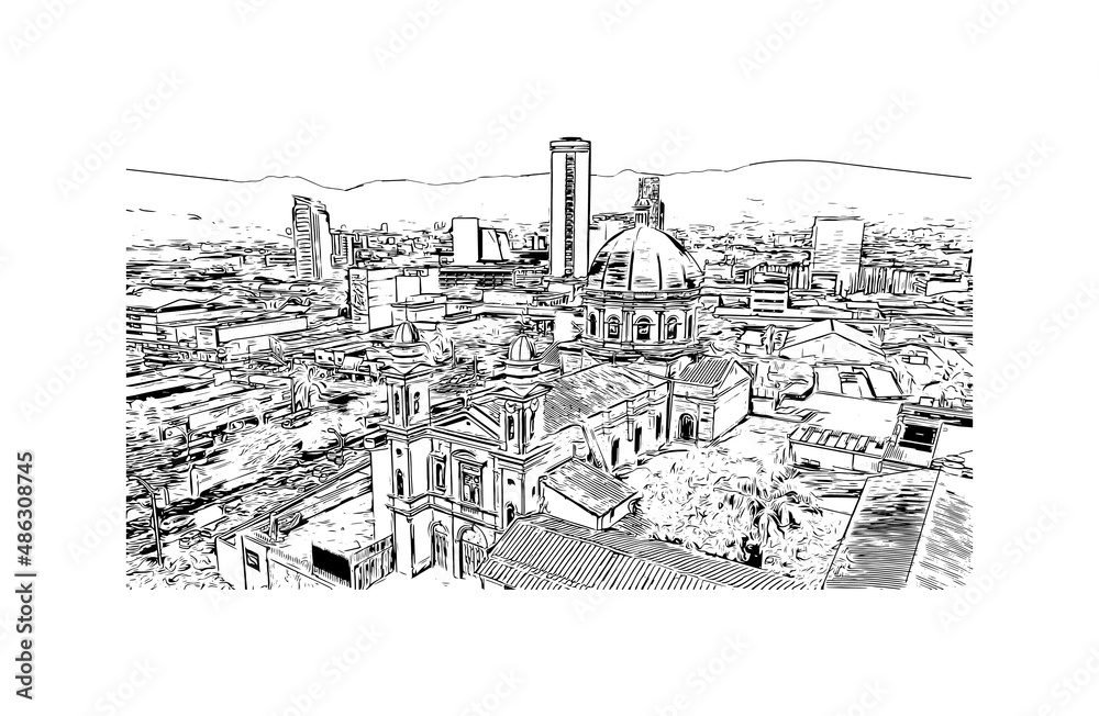 Building view with landmark of Medellín is the 
city in Colombia. Hand drawn sketch illustration in vector.