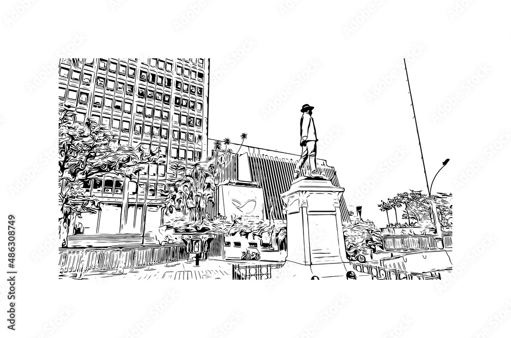 Building view with landmark of Medellín is the 
city in Colombia. Hand drawn sketch illustration in vector.