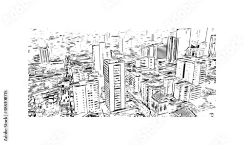 Building view with landmark of Medellín is the 
city in Colombia. Hand drawn sketch illustration in vector.