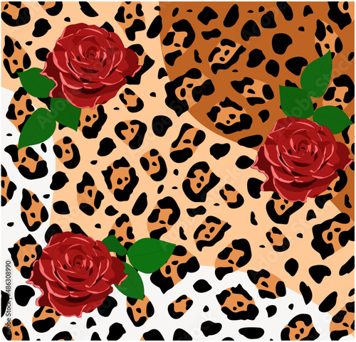 Illustration texture of jaguar (leopard) with roses in vector