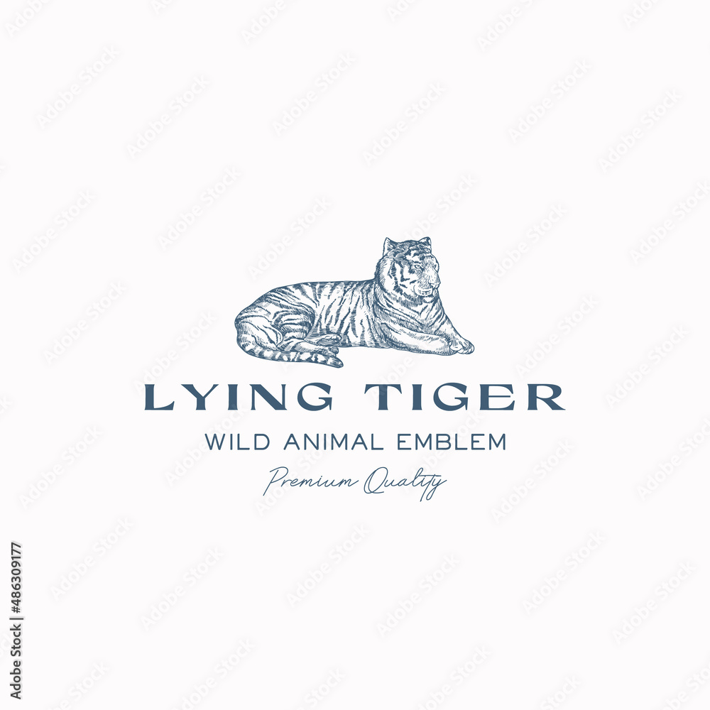 Fototapeta premium Lying Tiger Abstract Vector Sign, Symbol, Logo Template. Hand Drawn Wild Animal Sketch Silhouette with Modern Typography Isolated
