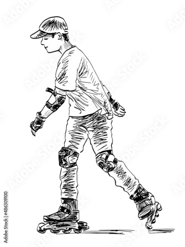 Sketch of teenage boy rollerblading on summer day