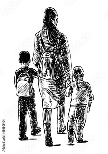 Textured hand drawing of mother with little children walking for a stroll