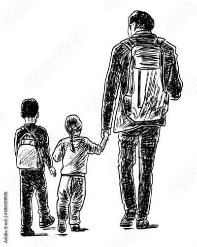 Textured hand drawing of silhouettes father with little children walking outdoors for a stroll