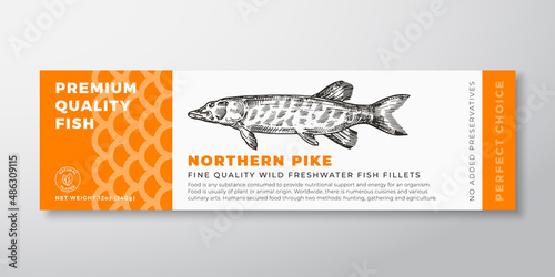 Premium Quality Northern Pike Vector Packaging Label Design Modern Typography and Hand Drawn Freshwater Fish Silhouette Seafood Product Background Layout