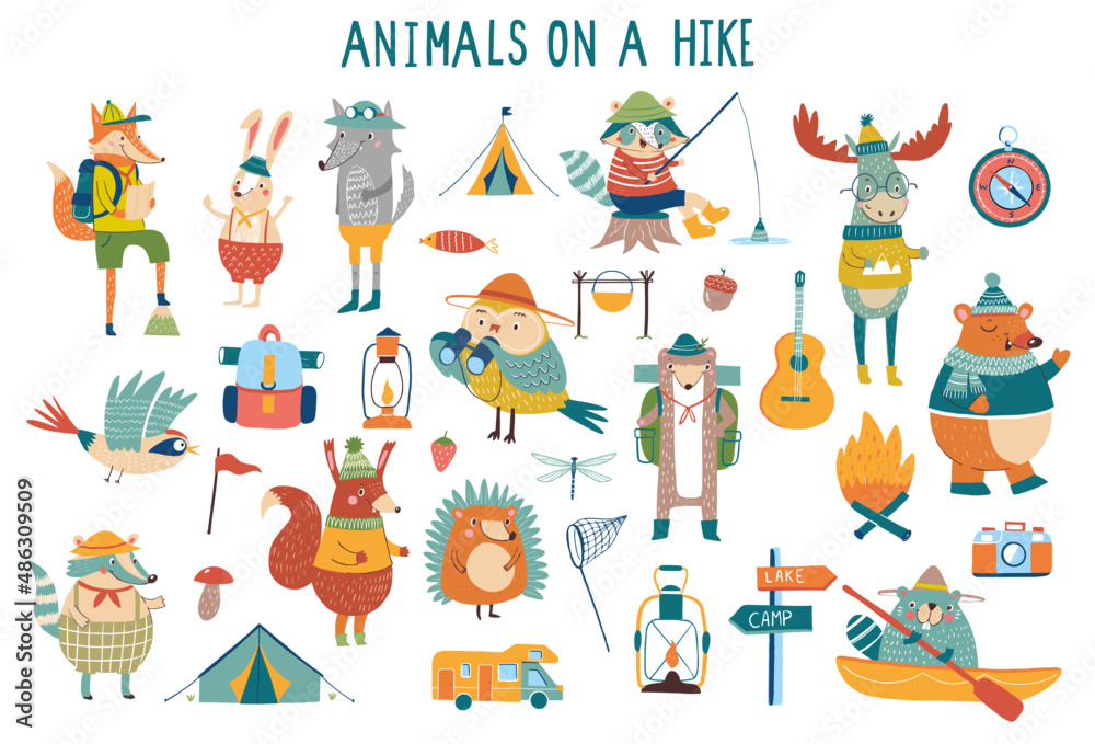 vector set of forest friendly cartoon animals on a hike