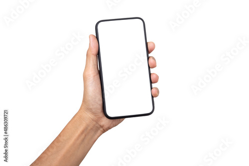 Hand business man holding mobile smartphone with blank screen isolated on white background with clipping path