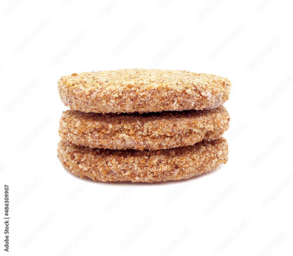 Raw burger cutlets isolated on white background. Three breaded beef patties. Side view. Raw burger cutlets isolated on white background. Three breaded beef patties. Side view.