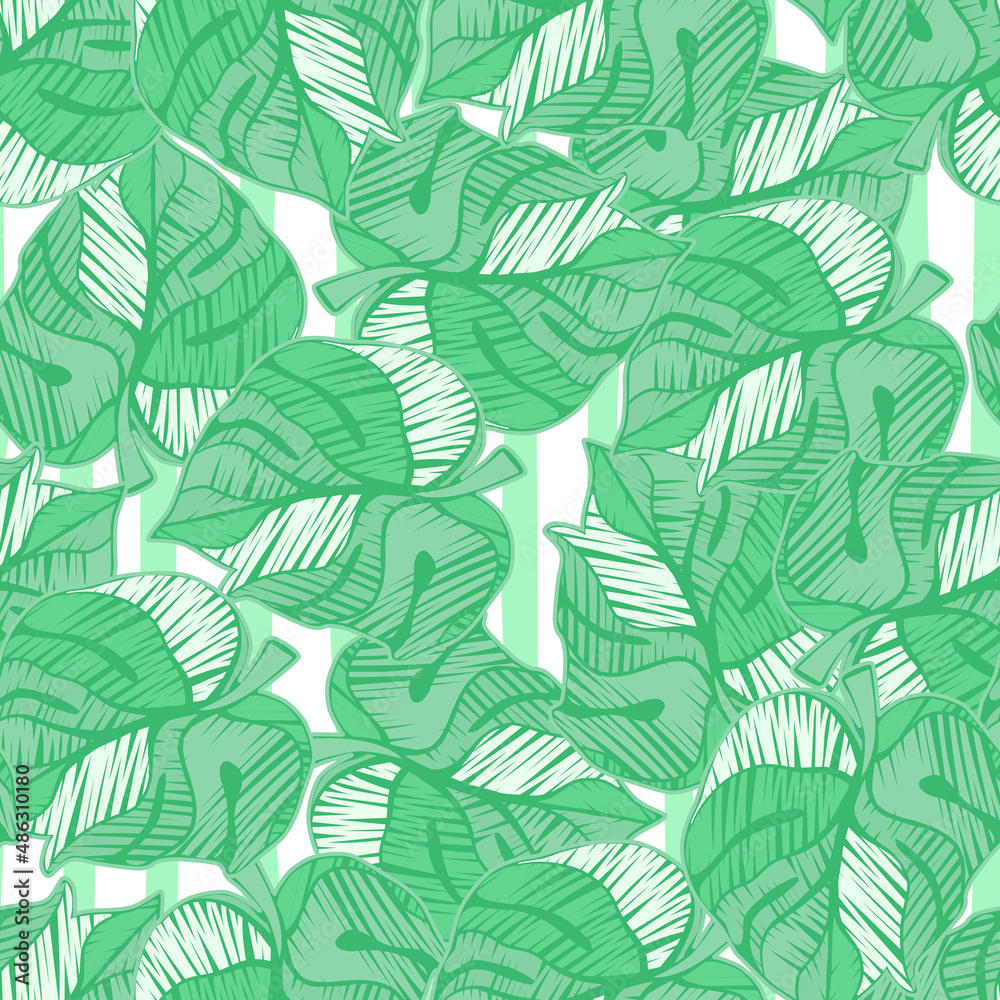 Scribble monstera leaves tropical seamless pattern. Embroidery palm leaf endless wallpaper.