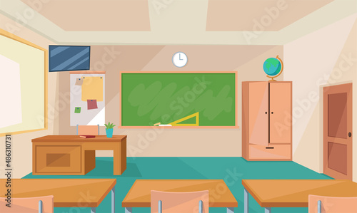 Modern classroom interior background. Empty school classroom with chairs, tables, wardrobe, chalkboard, globe, TV, windows and doors in cartoon style.