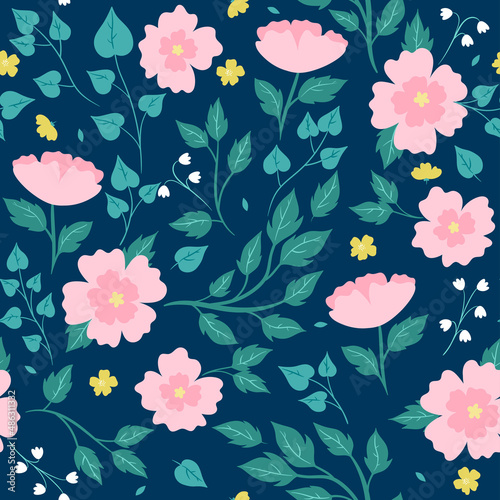 Seamless pattern with flowers and leaves. Vector graphics.