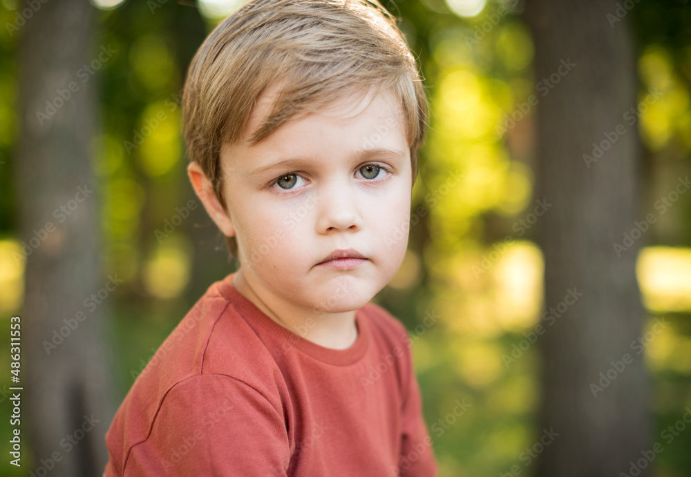 Portrait of a beautiful boy on a background of green park Portrait of a beautiful boy on a background of green park