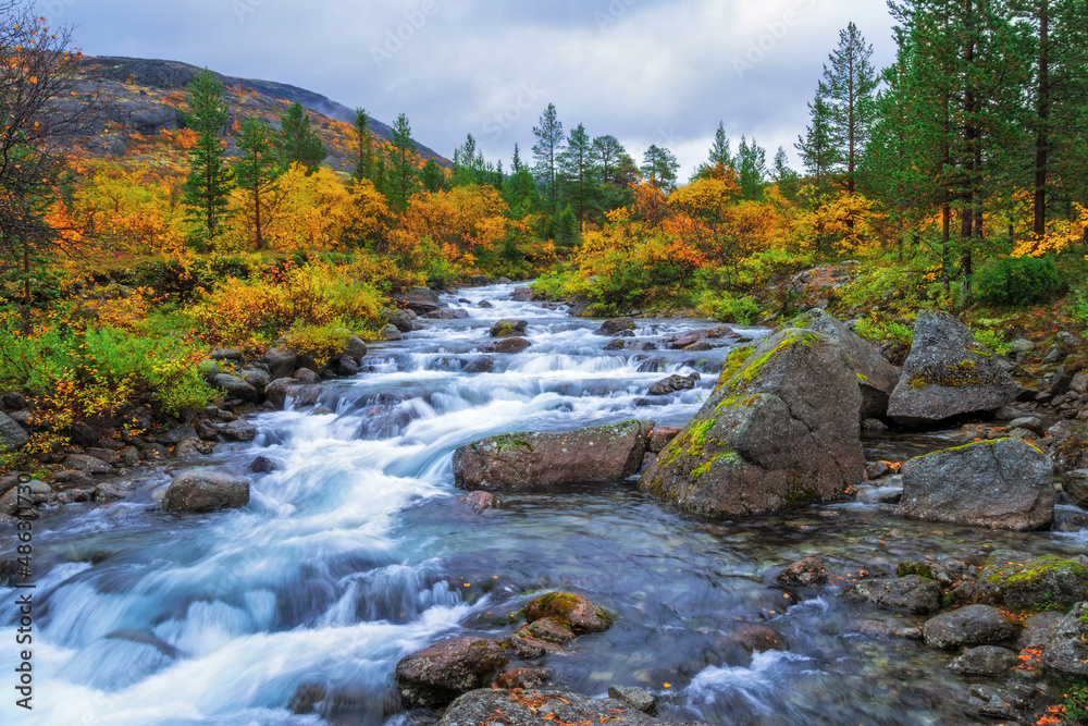 River in the Khibiny mountains in autumn. Autumn landscape River in the Khibiny mountains in autumn. Autumn landscape