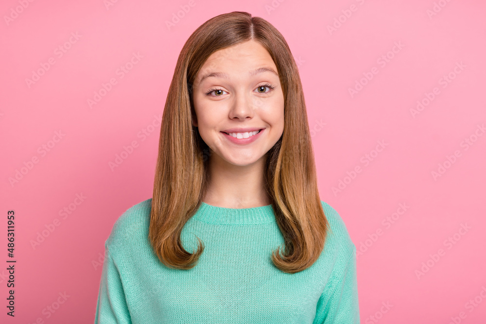 Photo of young lovely girl smart confident wear casual clothes good mood isolated over pink color background